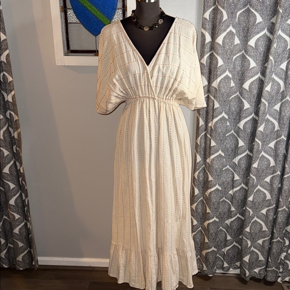World Market Mira Ivory Cotton & Muted Terracotta Dash Stripe Kaftan Dress S/M